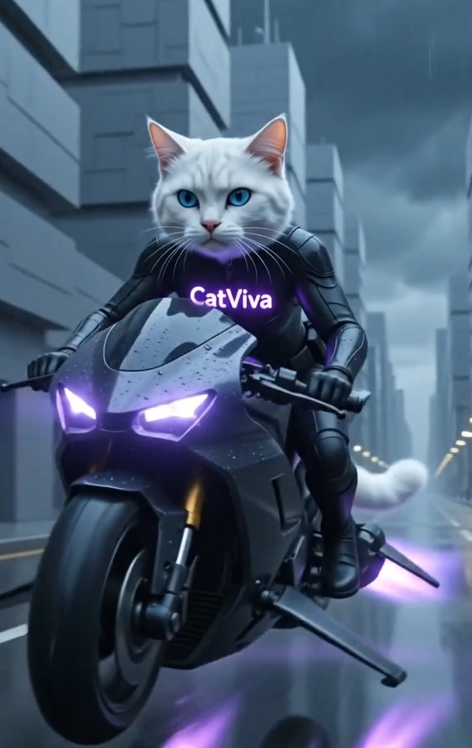 CatViva Cyberpunk Cat Rider on Sci-Fi Hoverbike Animation