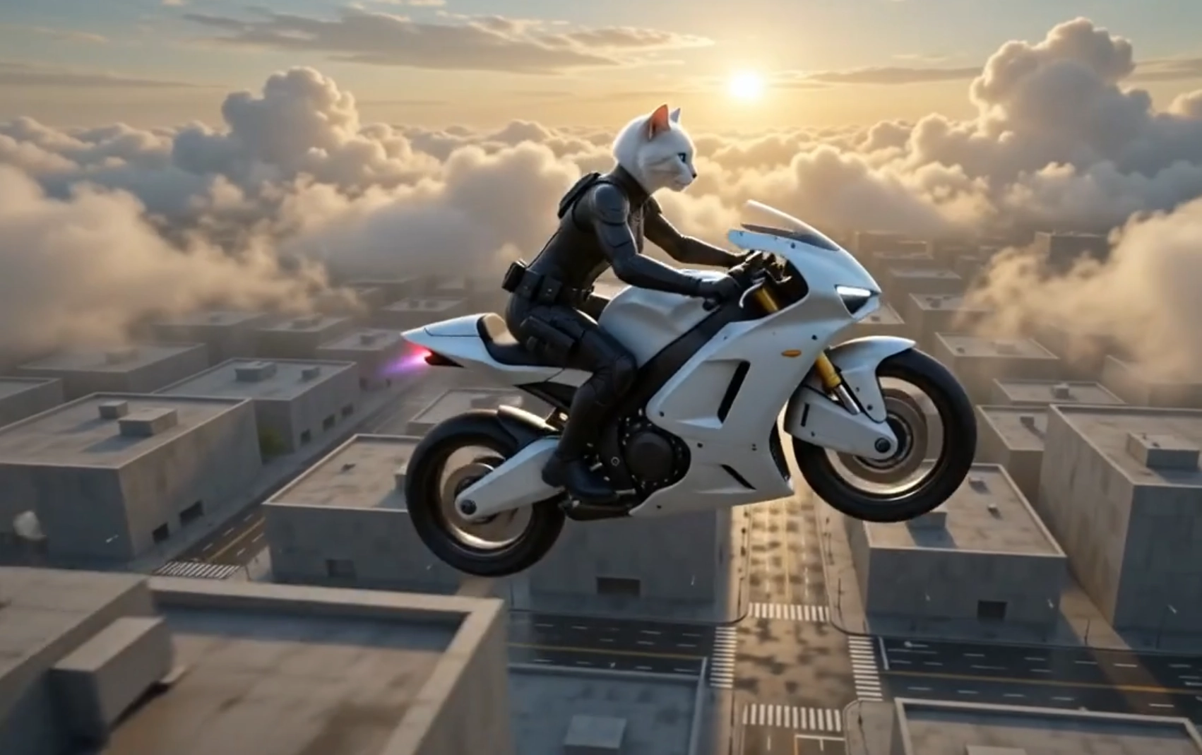 CatViva Cyberpunk Superbike Epic Sunrise Skyline Chase
