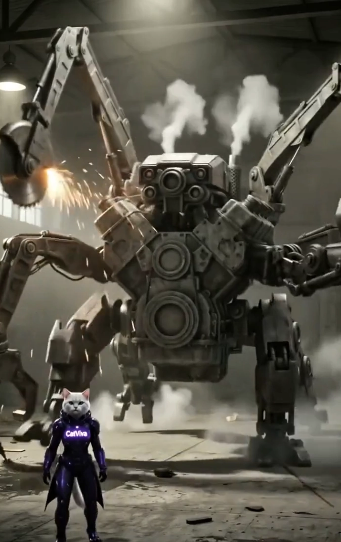 CatViva Battles Multi-arm Factory Robot in Epic Showdown