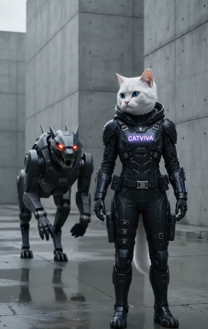 CatViva Cyberpunk Cat Fights Giant Quadruped Robot