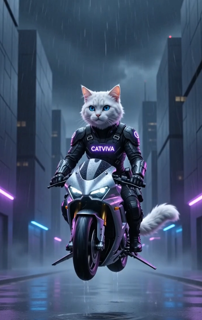 CatViva Cyberpunk Cat Rides Hoverbike Sci-Fi Animation