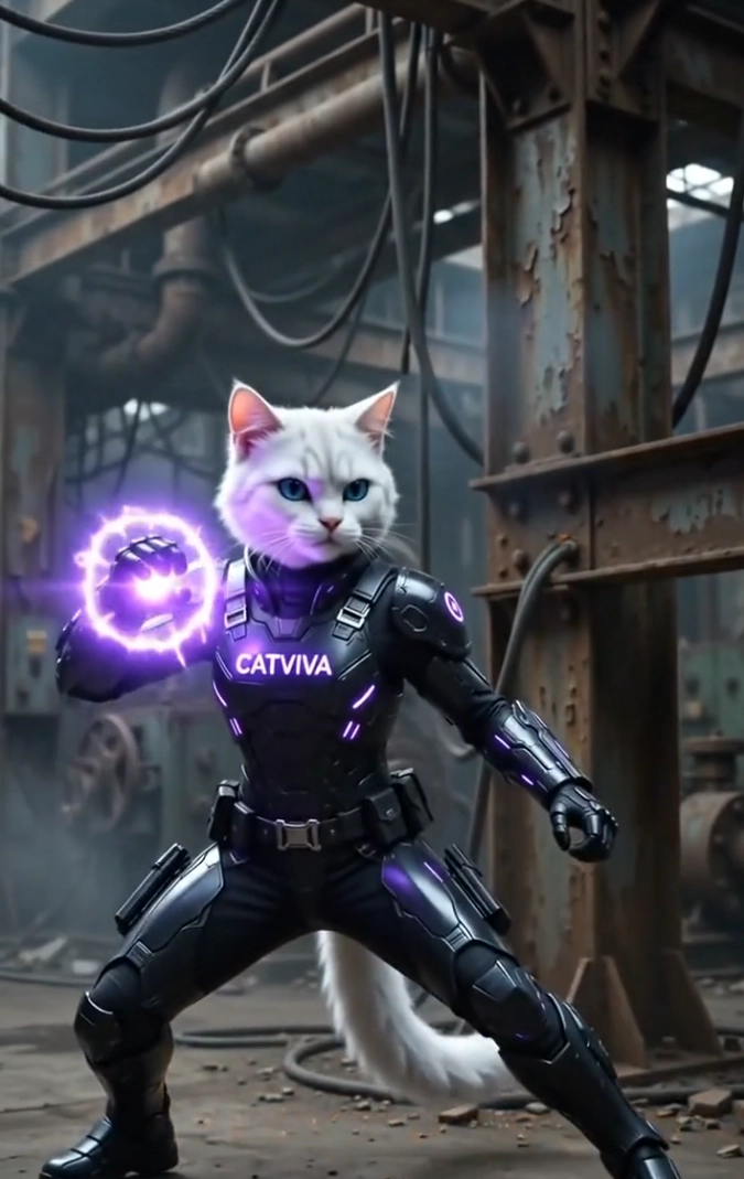 CatViva Cyberpunk Cat Warrior Battles Rogue Robot Drone