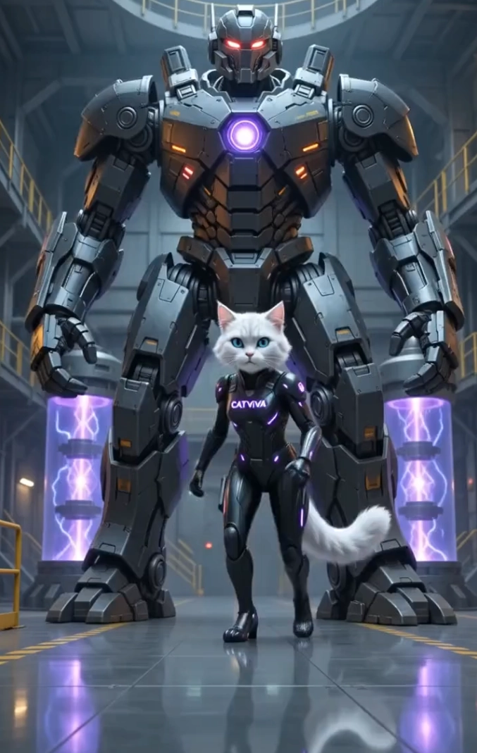 CatViva Cyberpunk Cat Warrior Destroys Heavy Combat Robot