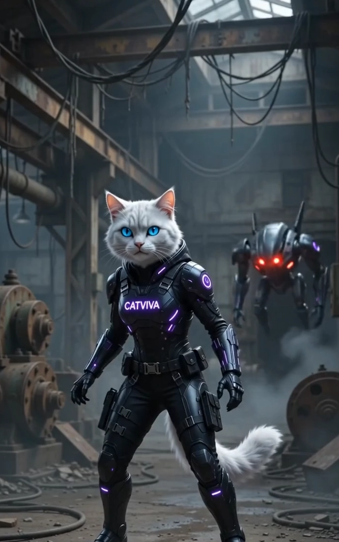 CatViva Cyberpunk Cat Warrior Destroys Rogue Robot Drone