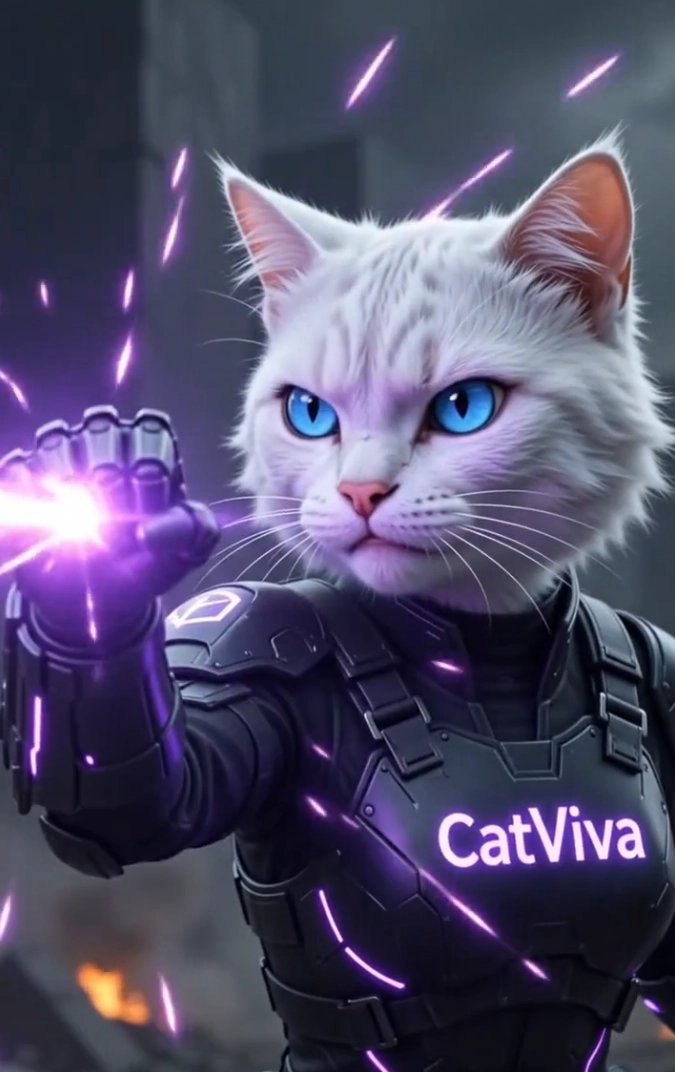 CatViva Cyberpunk Cat Warrior Destroys Spider Robot