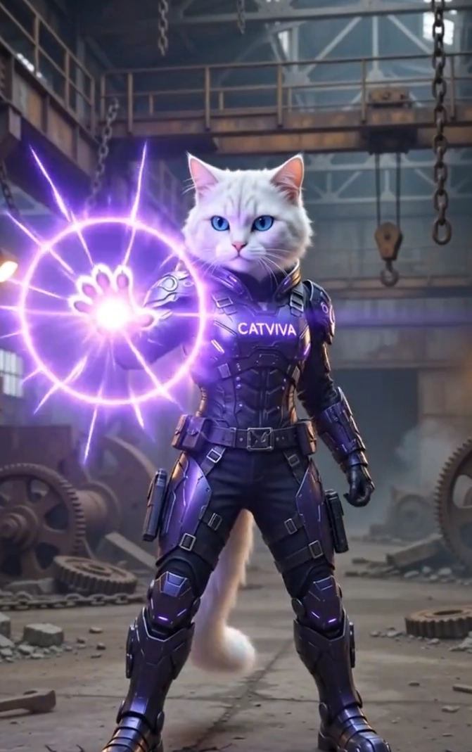 CatViva Cyberpunk Cat Warrior Fights Heavy Combat Robot