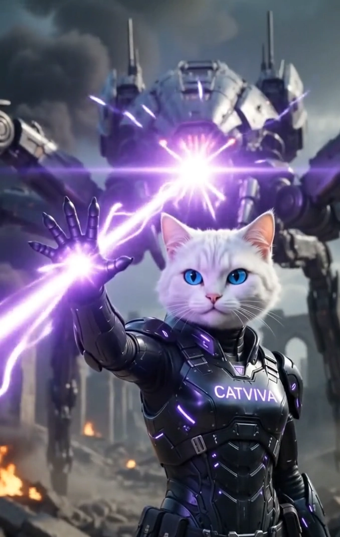 CatViva Cyberpunk Cat Warrior Obliterates Spider Robot