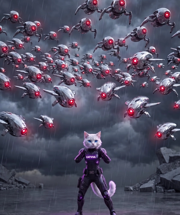 CatViva Fights Swarm Robots In An Ultimate Mecha Battle