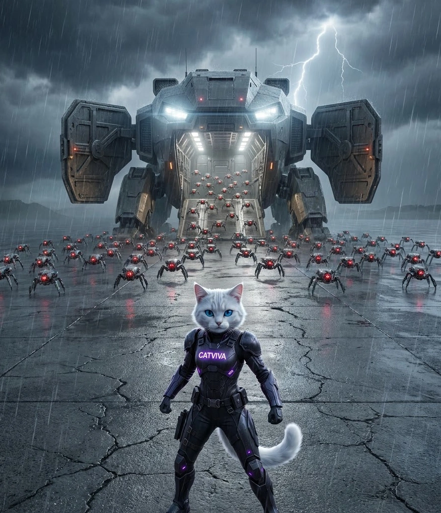 CatViva Battles Carrier Robot with Spider Swarm Sci-Fi Action