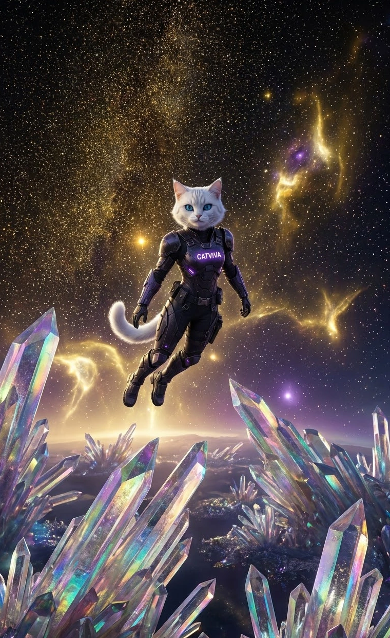 CatViva Sci-Fi Space Cat Floating Above Cosmic Crystals