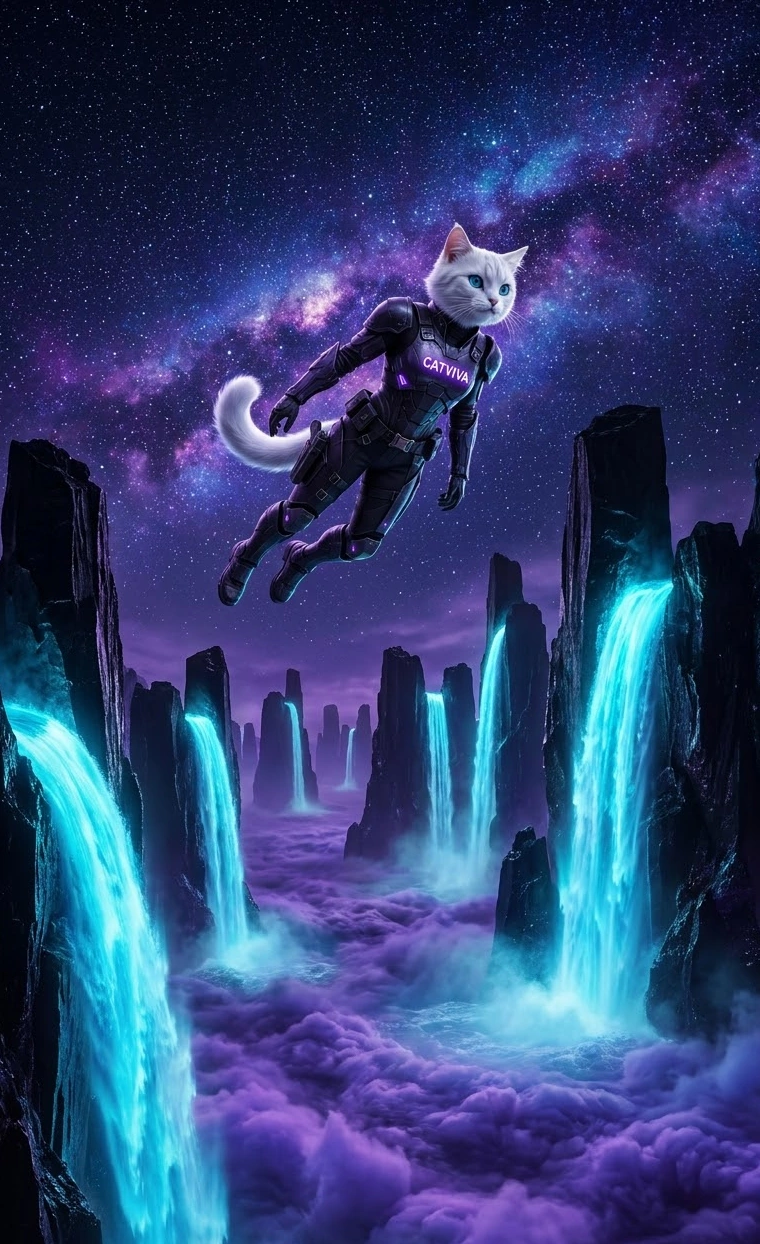 CatViva Space Cat Flying By Obsidian Monoliths & Waterfalls